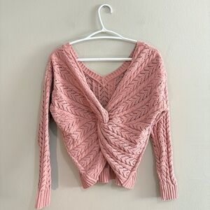 moon & madison Twist Back V-Neck Textured Knit Pink Sweater